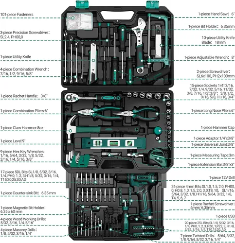 Vista 3 de Juego de herramientas: Kit de herramientas con taladro inalámbrico de 12 V, caja de herramientas manual con estuche de almacenamiento, juego de Verde