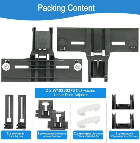 Vista 4 de Paquete de 2 piezas de ajuste de rejilla superior para lavavajillas W10350376 con piezas superiores W10195840 y W10195839 y W10250160 y W10508950