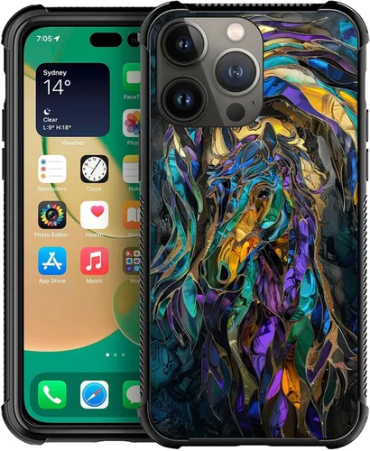 Vista 20 de ZHEGAILIAN Funda compatible con iPhone 14, fundas de caballo de baile de cristal de colores, parte trasera de vidrio templado+funda protectora