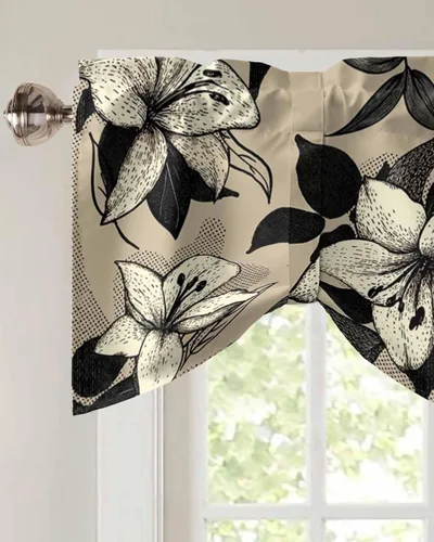 Vista 3 de Cortinas de cenefa de flores negras y beige para ventanas, cortinas de cocina, cortinas rústicas retro beige, cortinas botánicas cortas