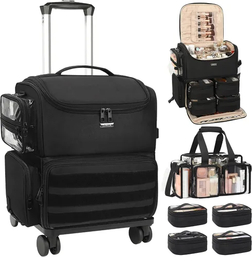 Vista 12 de Relavel Estuche de tren de maquillaje rodante, estuche de cosmetología sobre ruedas con 4 bolsas transparentes, bolsas profesionales para Negro