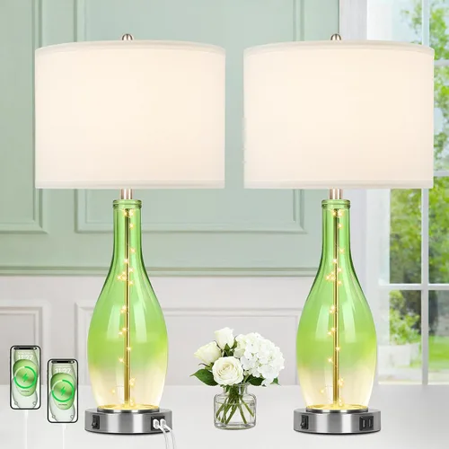 Vista 10 de BesLowe Juego de 2 lámparas de mesa de cristal de 26 pulgadas de alto con 2 puertos de carga USB y luz nocturna LED, lámparas de mesa costeras