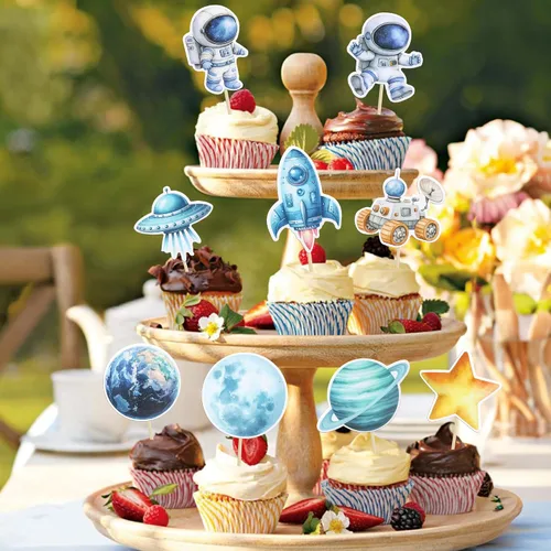 Vista 7 de Gyufise 36 piezas de astronauta espacial para cupcakes, planeta, cohete, telescopio, viaje a la luna, para cupcakes para el espacio exterior, baby