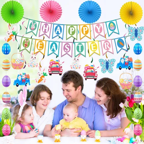 Vista 6 de 32 piezas de decoraciones de Pascua, decoración de Pascua, pancarta de Pascua feliz huevo conejo, guirnalda colgante para el hogar, oficina