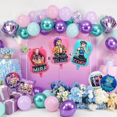 Vista 2 de 7 piezas de globos de aluminio de chicas Kpop, personajes Rumi, Mira, Zoey, cantantes pop de foil de aluminio para suministros de decoración