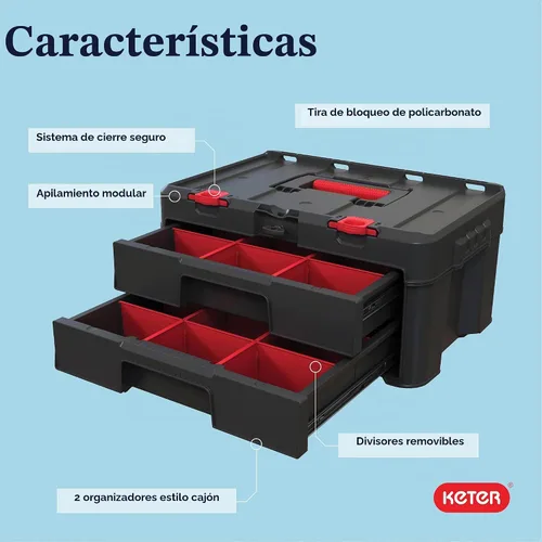 Vista 4 de Keter Stack-n-Roll - Caja de herramientas de dos cajones para piezas pequeñas y accesorios de herramientas eléctricas, se adapta al sistema modular