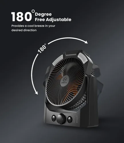 Vista 5 de Ventilador de campamento con linterna LED, ventilador de escritorio con pilas D de 8 pulgadas con temporizador, control de velocidad continuo