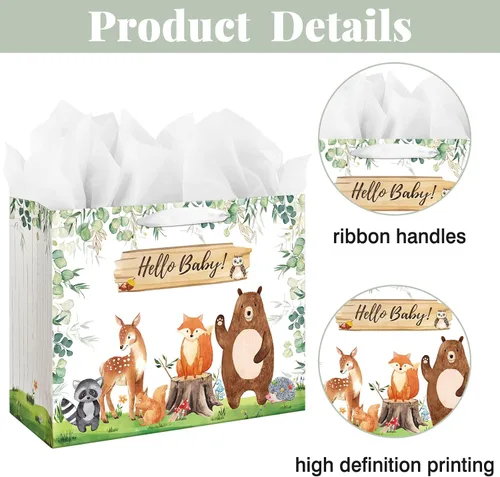 Vista 4 de Laidans Bolsa de regalo de 16.5 pulgadas para baby shower o cumpleaños con asa, papel de seda y tarjeta de felicitación