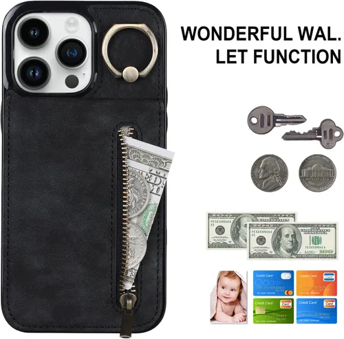 Vista 3 de Asuwish Funda de teléfono para iPhone 14 Pro Max de 6.7 pulgadas con protector de pantalla y soporte de tarjeta RFID, soporte de anillo de cuero