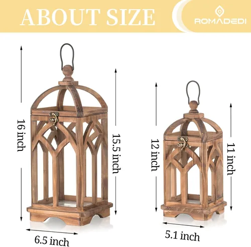 Vista 5 de Romadedi Farol de vela de madera de granja, juego de 2 candelabros decorativos de madera rústica, decoración del hogar, mesa de boda, centro