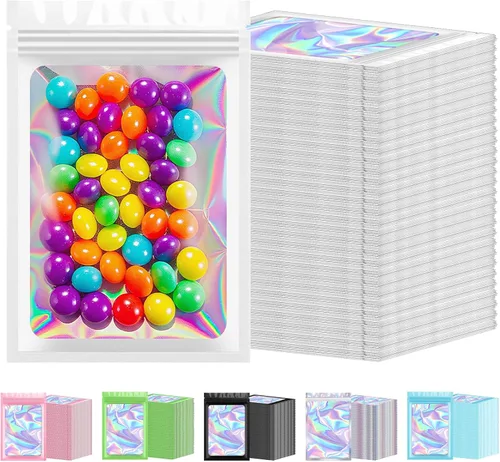 Vista 9 de 300 bolsas holográficas de Mylar a granel, bolsas resellables a prueba de olores con ventana transparente, bolsa de aluminio para pequeñas empresas