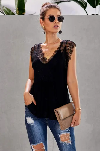 Vista 6 de Blusa de encaje con cuello en V para mujer, blusa casual sin mangas