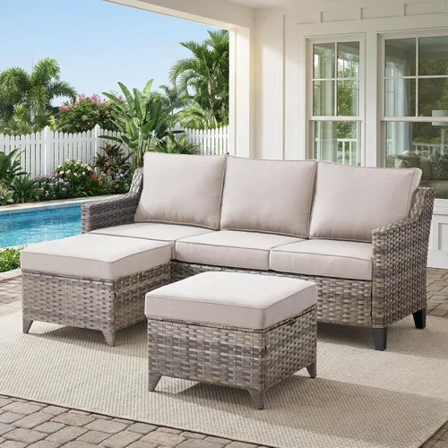 Vista 49 de Belord Sofá de patio exterior acolchado de 3 asientos de lujo de 6 pulgadas Cojín de mimbre marrón/beige de 6 pulgadas