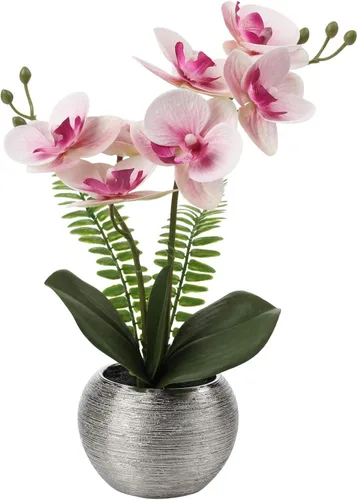 Vista 10 de Briful Pequeñas flores artificiales de orquídeas artificiales de 13 pulgadas en maceta de cerámica plateada, arreglo de orquídeas artificiales