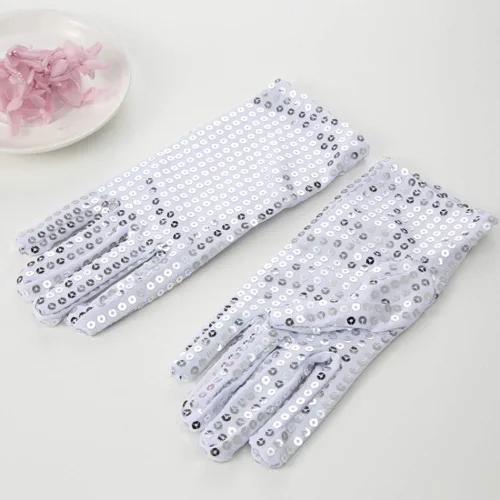 Vista 4 de GSHLLO Guantes de lentejuelas para disfraz de cosplay para adultos, plateado, M