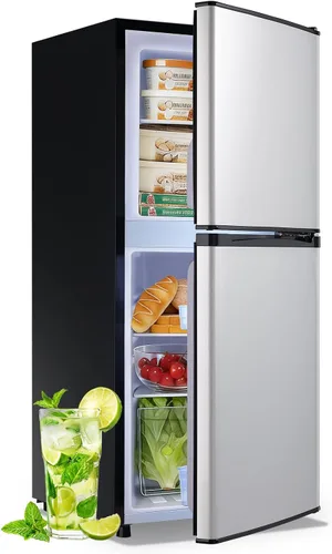 Vista 10 de DEMULELR - Mini refrigerador pequeño de 4.5 pies cúbicos con congelador, mini refrigerador negro de dos puertas con cajón para verduras y espacio