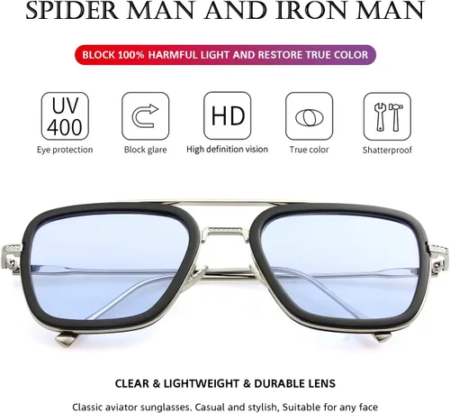 Vista 4 de PORADAY Tony Stark - Gafas de sol de Iron Man, montura cuadrada de metal vintage