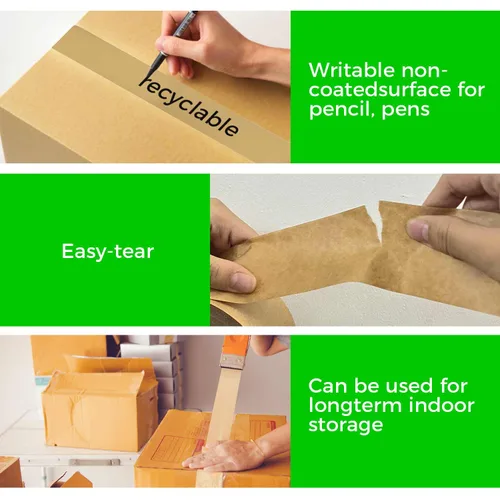 Vista 3 de 6 rollos (2 pulgadas x 55 yardas) cinta de embalaje de papel kraft resistente – Cinta de embalaje marrón de primera calidad que es ecológica