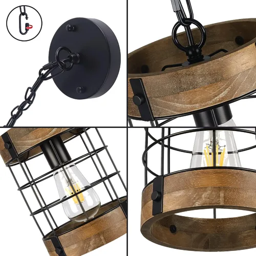 Vista 7 de Lámparas colgantes rústicas, iluminación colgante de madera de granja, lámpara de jaula redonda industrial para entrada, pasillo, comedor