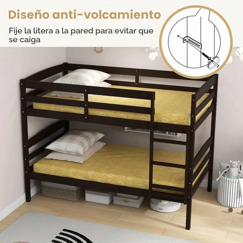 Vista 8 de KOMFOTT - Litera con tamaño doble sobre dos individuales, estructura de litera de madera con barandilla de longitud completa y escalera integrada