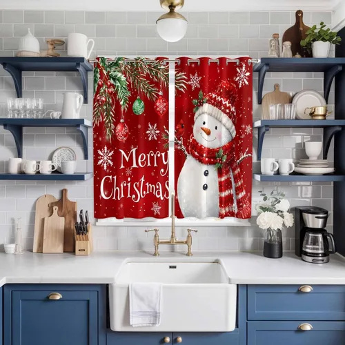 Vista 43 de Libaoge Cortinas de Navidad para cocina, dormitorio, juego de 2 paneles, diseño de muñeco de nieve de Navidad, cortinas de invierno con copos