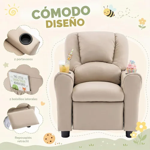 Vista 10 de Silla reclinable de piel sintética para niños, sofá reclinable para niños Beige