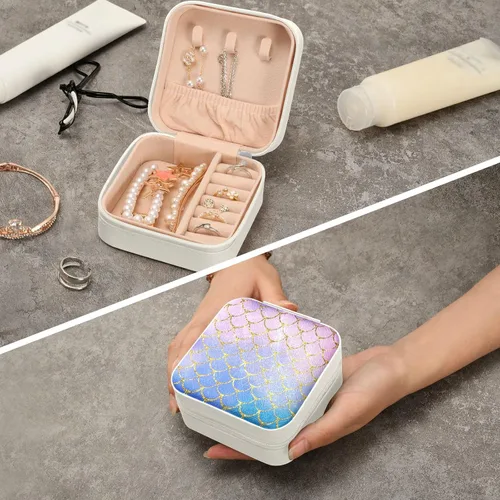 Vista 6 de ZOEO Cajas de joyería para mujer, escamas de pescado rosa sirena con purpurina dorada para niños, adolescentes, regalo de Navidad de 8 a 12 años