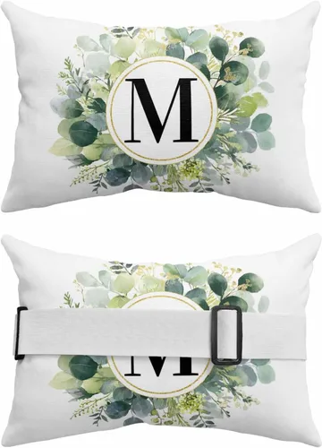 Vista 2 de Paquete de 2 fundas de almohada lumbares con hojas de eucalipto, monograma de letra M para exteriores, impermeables, para exteriores, fundas