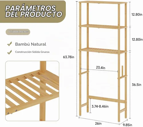 Vista 3 de Almacenamiento sobre el inodoro, estante de baño de bambú de 3 niveles con Natural
