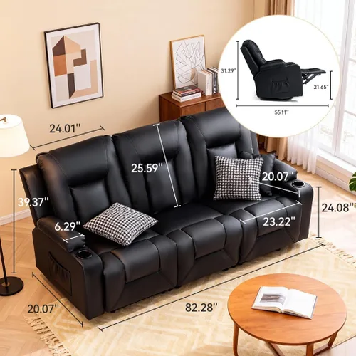 Vista 2 de COMHOMA Muebles sofá de cuero consolidado con masaje, portavasos, juego de sala de estar, silla reclinable, 3+1+1, negro