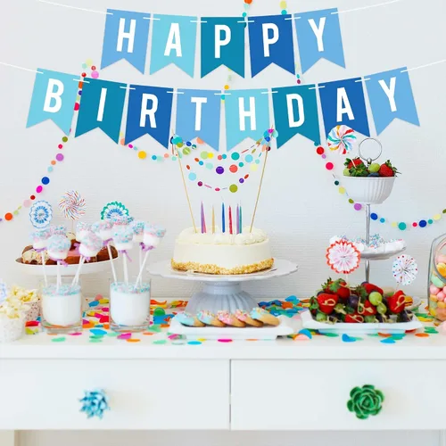 Vista 9 de Cartel de feliz cumpleaños pre-encordado, pancarta azul para fiesta de cumpleaños No DIY – Pre-encordado en hebras de 6 pies – Decoración azul