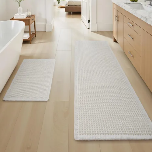 Vista 15 de AMOAMI Tapete de baño mejorado con diseño de gofre, súper absorbente, antideslizante, para suelo de baño, lavable a máquina, con borlas, tapetes