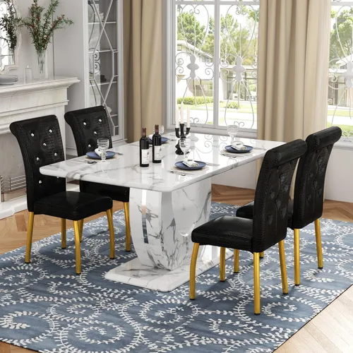 Vista 31 de Moderno juego de mesa de comedor de mármol sintético para 4, mesa de cocina rectangular blanca de 63 pulgadas con elegante base de pedestal