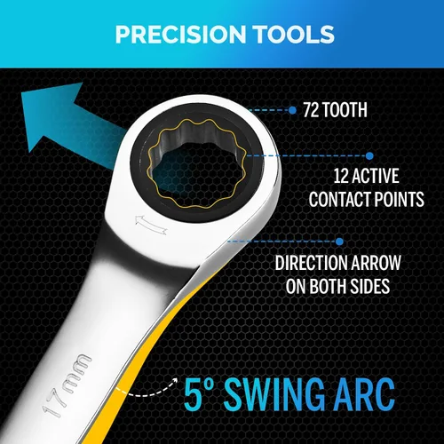 Vista 5 de Llave de 17mm - Llave de trinquete - Perfil delgado - Llave de carraca - 100% Garantía de satisfacción de por vida