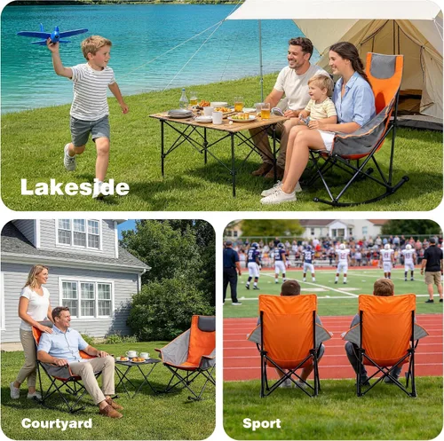 Vista 7 de SUNNYFEEL Silla Mecedora de Camping, Reclinable Acolchada de Lujo, Silla Plegable de Jardín de Gran Tamaño con Bolsillo, Resistente para Naranja