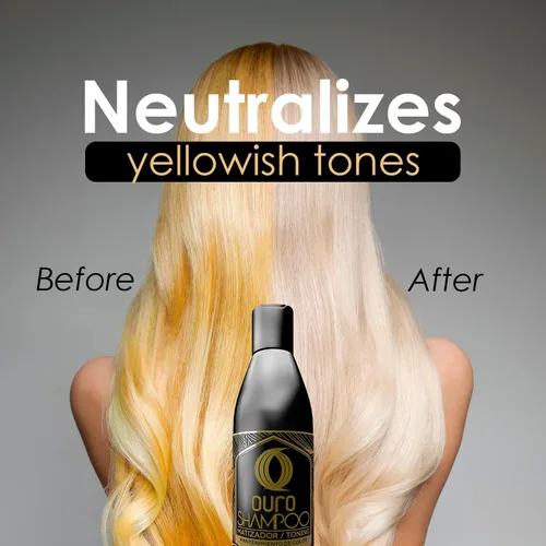 Vista 5 de OURO Champú que mejora el color para cabello castaño oscuro y negro, neutraliza los tonos amarillos, aumenta el brillo y la intensidad, revitaliza