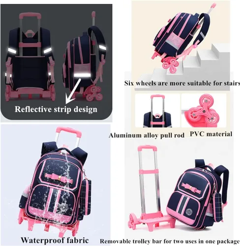 Vista 4 de Mfikaryi Pretty Princess - Mochila con ruedas para niñas, escuela primaria primaria con ruedas, Deep Blue-6 Ruedas, Classic