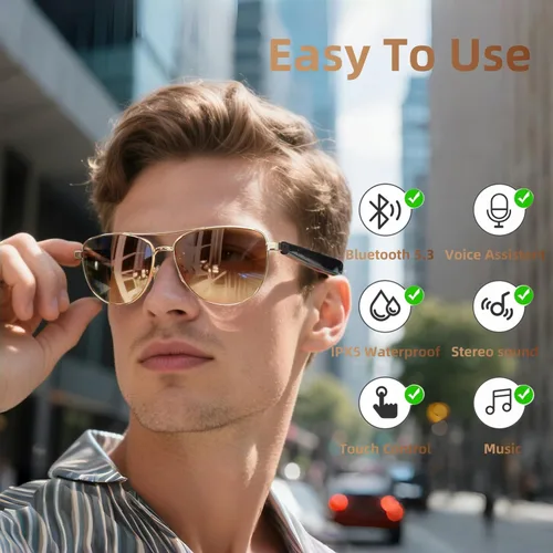 Vista 3 de HJX GT-32 - Lentes de sol inteligentes para hombres/mujeres con interruptor de encendido/apagado automático y Bluetooth 5.4, lentes polarizados