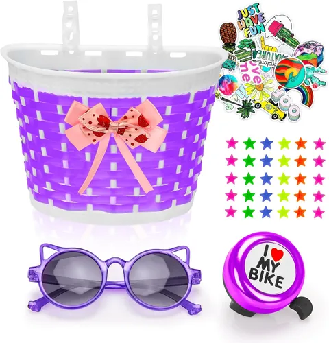 Vista 8 de Cesta infantil para niñas y niños, accesorios de bicicleta con calcomanías de campana, radios de rueda, gafas de sol para montar, decoraciones