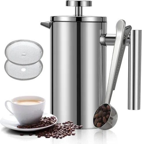 Vista 10 de Prensa Francesa Pequeña 350ml Negra, Prensa Francesa de Acero Inoxidable con Pared Doble Aislada para Viaje y Camping, Cafetera de Café Colado