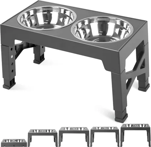 Vista 10 de Niubya Cuencos elevados para perros con 2 cuencos de comida de acero inoxidable para perros, cuenco elevado para perros que se ajusta a 5 alturas