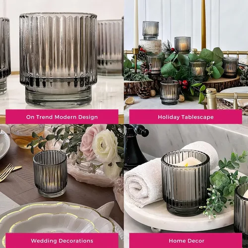 Vista 5 de Kate Aspen Juego de Portavelas de Vidrio Acanalado - 6 Portavelas Gris Humo para Velas de Té para Decoración del Hogar, Cocina, Habitación o Sala