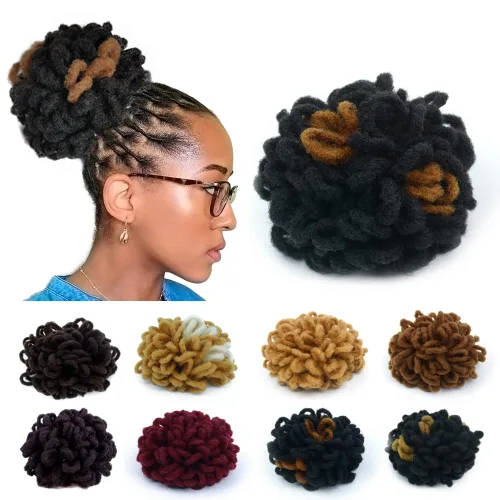 Vista 37 de Moños de Cola de Caballo con Cordón Negro Marrón Loc para Mujeres Negras Moño Rizado de Pétalo Loc Cola de Caballo de Rastas Trenzas Faux Locs Moño