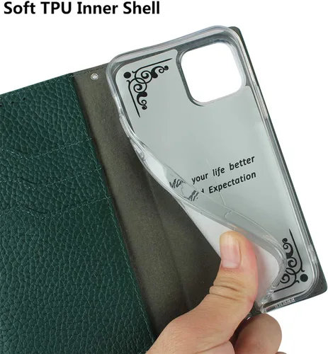 Vista 8 de iCoverCase Compatible con iPhone 11 Pro Max, funda magnética de piel auténtica con bloqueo RFID, correa para la muñeca y ranuras para tarjetas, Verde