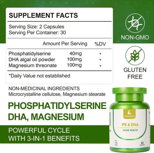 Vista 2 de JulyDeer Magnesio-100 mg, DHA-100 mg, fosfatidilserina-40 mg, suplementos de complejo de magnesio para la salud cerebral de los niños mayores
