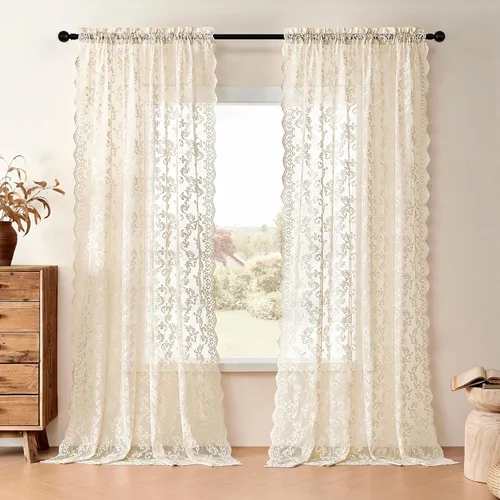 Vista 2 de Cortinas de encaje floral victoriano transparentes - 45 pulgadas de largo, 2 paneles, bolsillo para barra de cocina estilo cafetería, filtro de luz