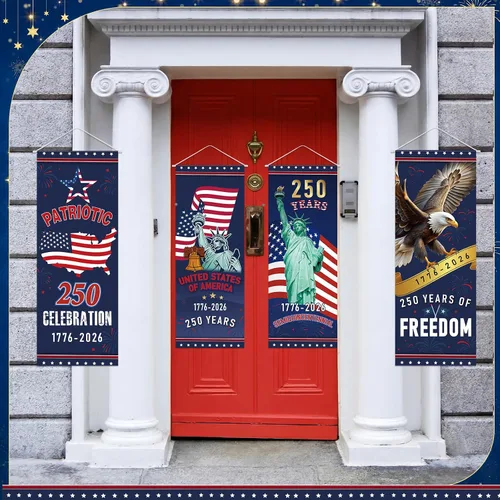 Vista 7 de Panelee 4 pancartas decorativas para el 250 aniversario de la bandera patriótica de Estados Unidos, para porche, telón de fondo colgante para el Día