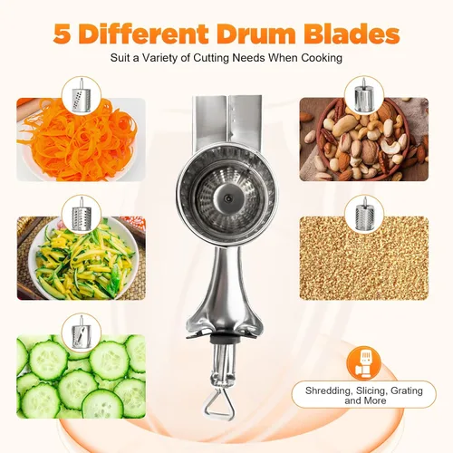 Vista 6 de DYNAMI Rallador giratorio de acero inoxidable 5 en 1, rallador de cocina, cortador de verduras, molinos de alimentos con 5 tambores inoxidables