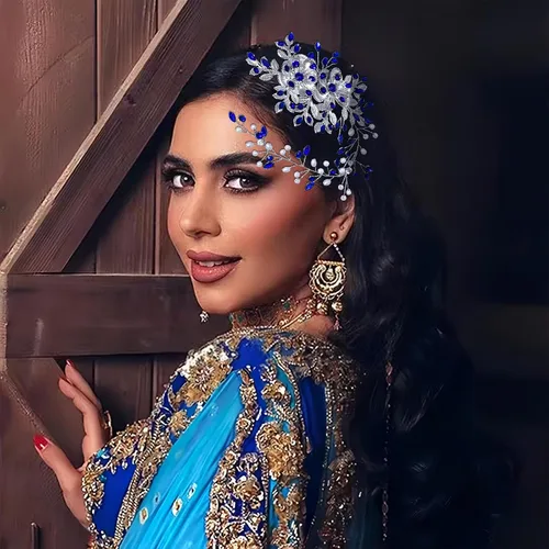 Vista 3 de Diadema nupcial con peine para el cabello - Diadema de boda para novias (azul)