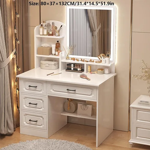 Vista 5 de Vanity Desk with Mirror and Lights,Makeup Vanity,Small Vanity Table for Bedroom,Classified Storage, Large-Capacity Desktop, Open Storage